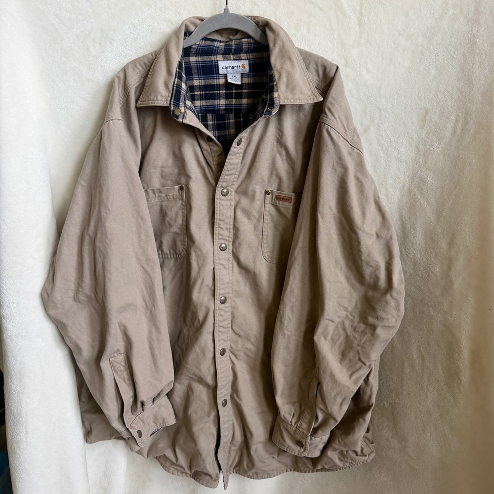 Carhartt Tan Flannel Lined Canvas Shirt Jacket Mens Size 2XL Heavyweight Snap